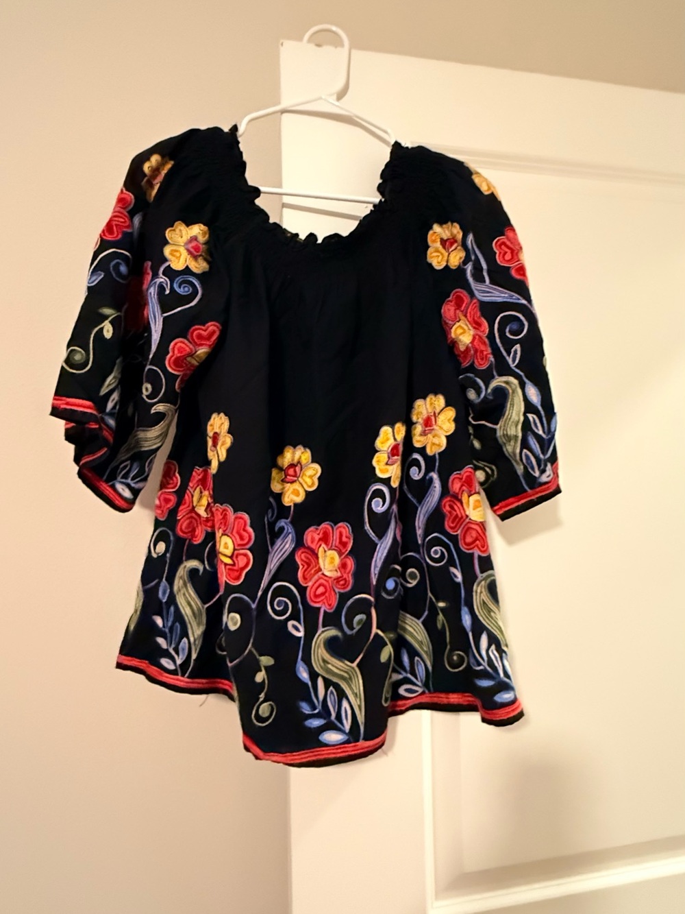 Radzoli Black Peasant Blouse with Red & Yellow Floral Embroidery